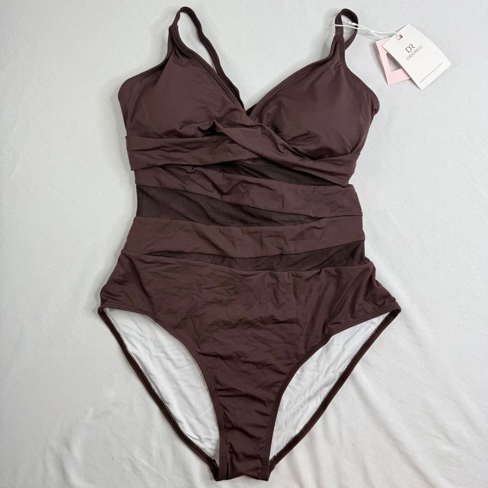Dridreo Womens Brown Mesh Panel Twist Front One Piece Swimsuit NWT